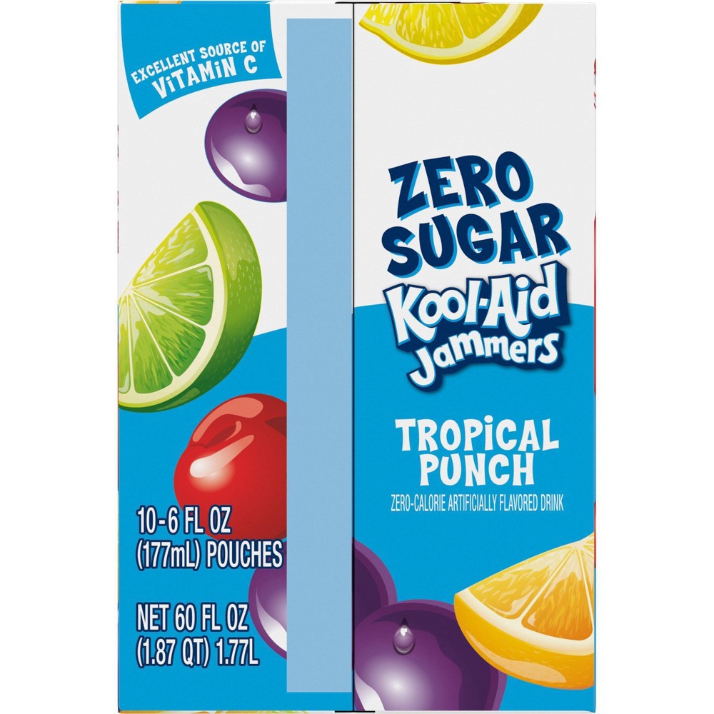 slide 3 of 10, Kool-Aid Jammers Tropical Punch Zero Sugar Artificially Flavored Soft Drink Pouches, 10 ct; 6 fl oz