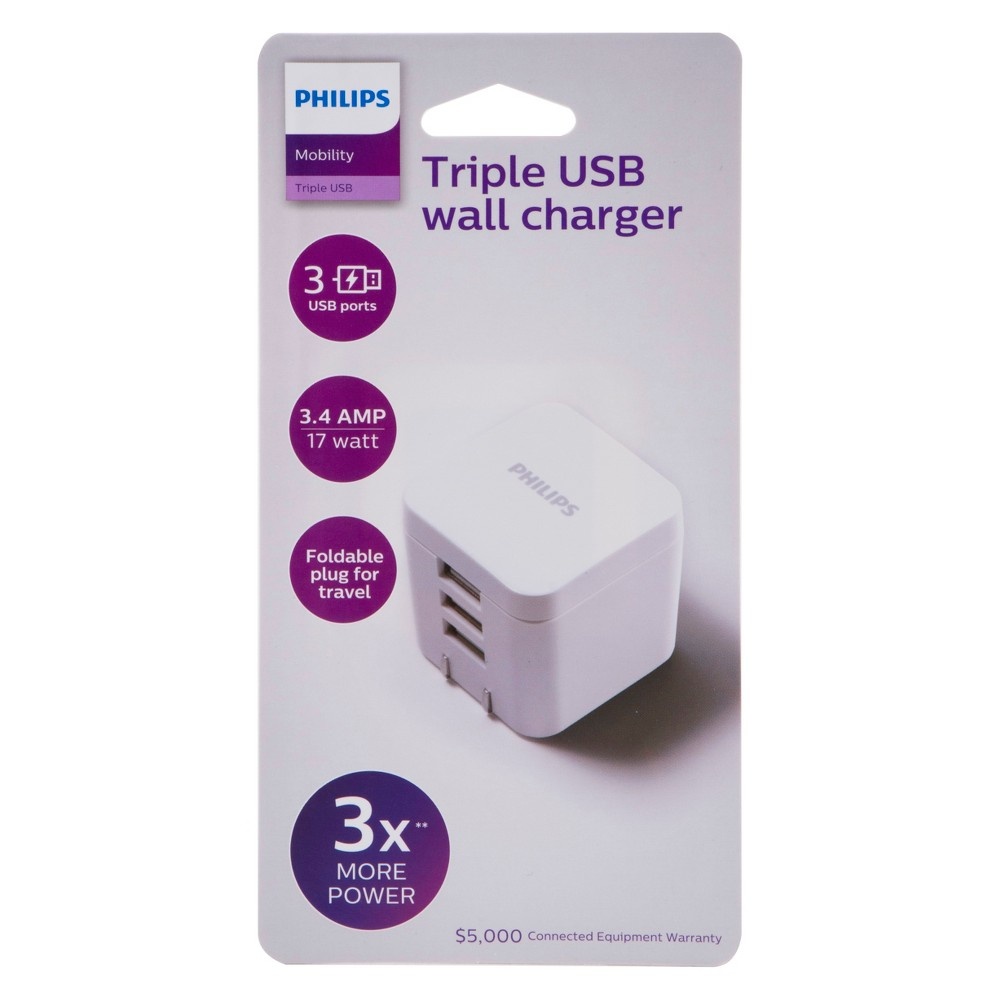 slide 5 of 7, Philips 3-Port USB Wall Charger - White, 1 ct