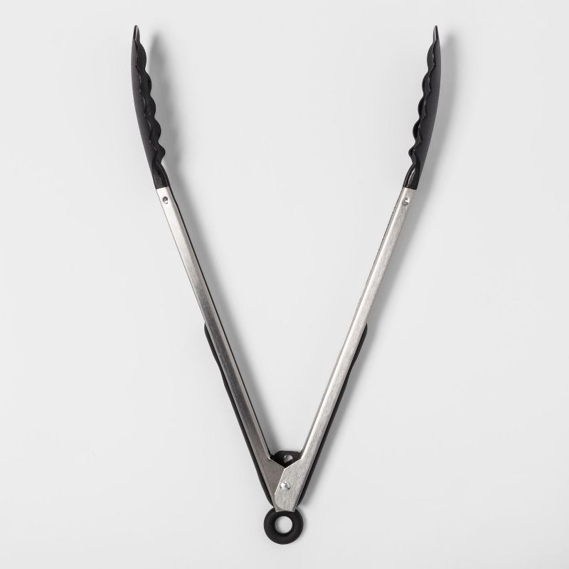 slide 1 of 3, Stainless Steel Kitchen Tongs Black - Room Essentials™: Dishwasher-Safe Nylon Cooking & Serving Utensil, 13.84" Length, 1 ct