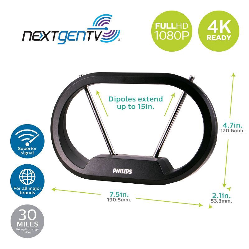 slide 2 of 7, Philips Modern HD Passive Antenna - Black: Semi-Directional Set-Top Mount, 1 ct