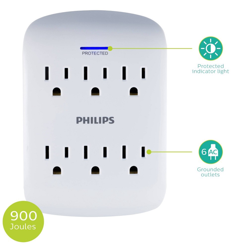 slide 2 of 10, Philips 6-Outlet Surge Protector Wall Tap, White, 1 ct