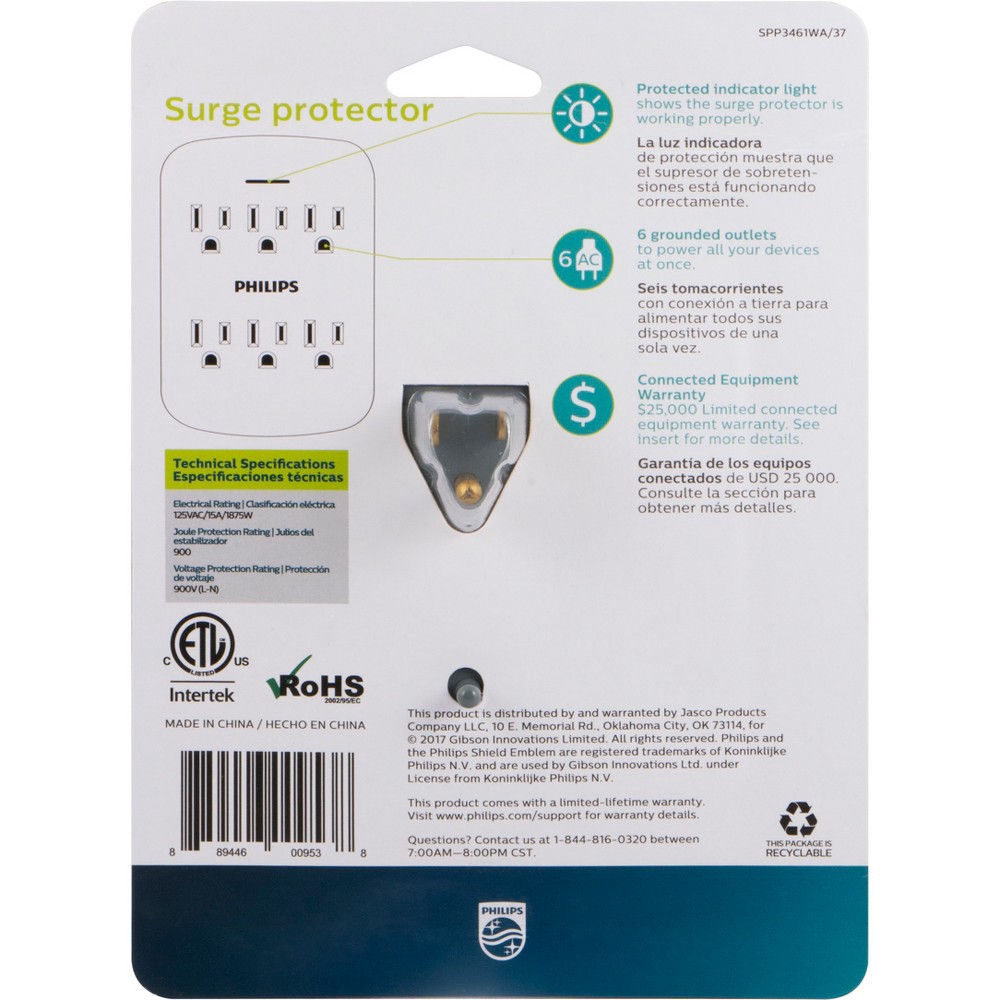 slide 4 of 10, Philips 6-Outlet Surge Protector Wall Tap, White, 1 ct