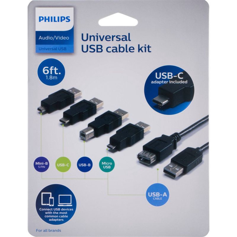 slide 7 of 7, Philips 6' USB 2.0 Universal Kit with USB-C - Black: Male to Female Connection Cable, 1 ct