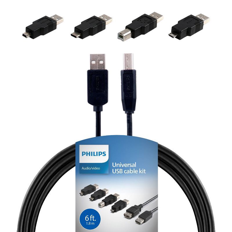 slide 1 of 7, Philips 6' USB 2.0 Universal Kit with USB-C - Black: Male to Female Connection Cable, 1 ct