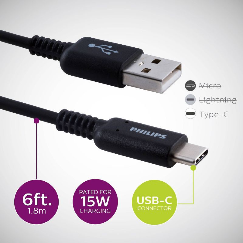 slide 2 of 8, Philips 6' Cable, USB-A to USB-C 15W Charge - Black, 1 ct