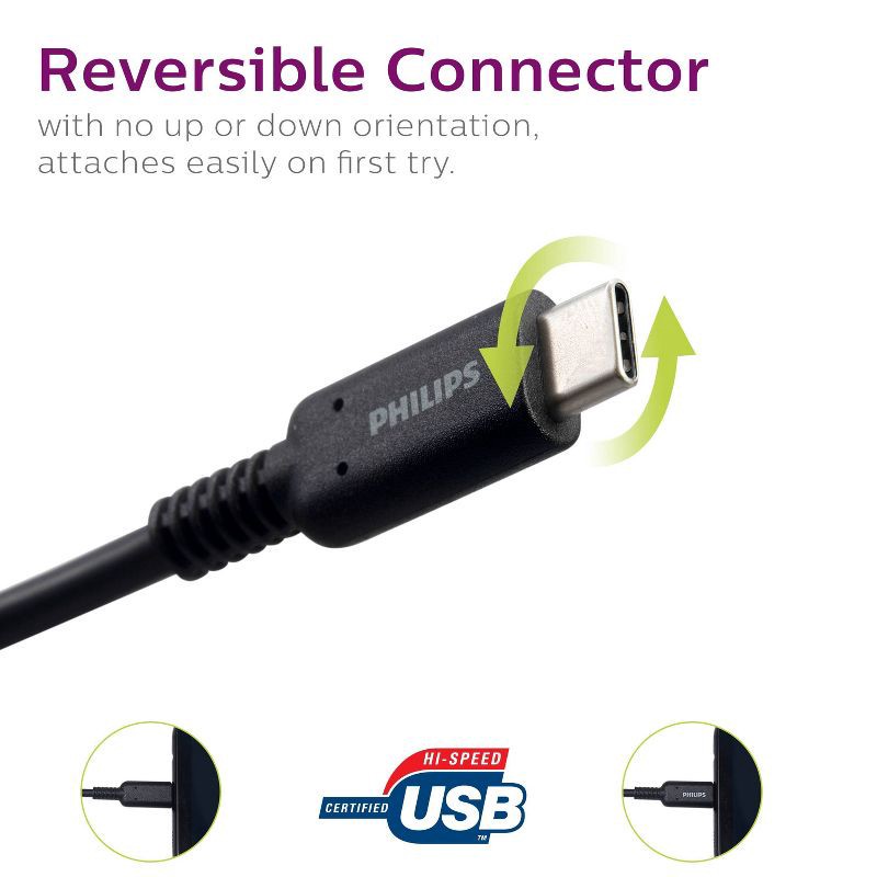 slide 4 of 8, Philips 6' Cable, USB-A to USB-C 15W Charge - Black, 1 ct