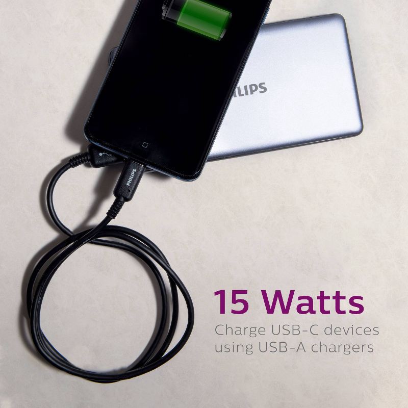 slide 5 of 8, Philips 6' Cable, USB-A to USB-C 15W Charge - Black, 1 ct