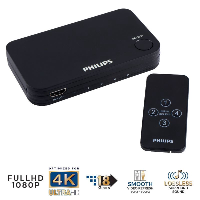 slide 2 of 11, Philips 4 Port 2.2 HDMI Switch with Remote - Black, 1 ct