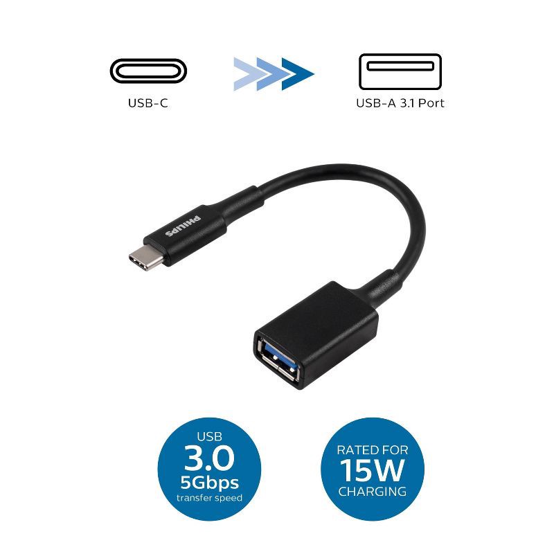slide 2 of 7, Philips 6" USB-C to USB 3.1 Female Adapter Black: Converter Cable Male-To-Female, 1 ct