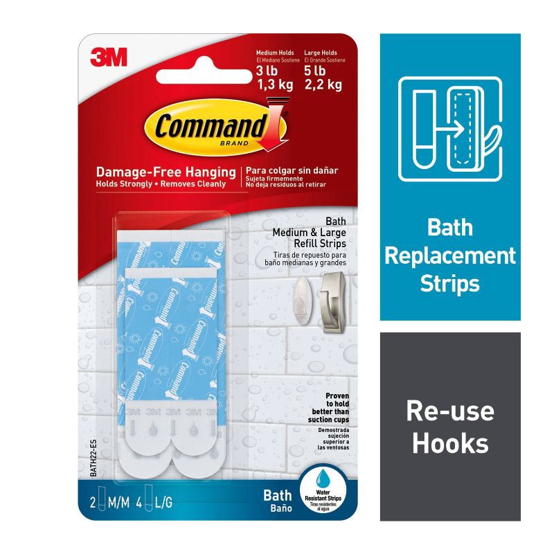 slide 2 of 12, Command Water Resistant Refill Strips (2 Medium/4 Large Strips): Plastic Adhesive for Bathroom & Shower Use, 3.625" Length, 1 ct