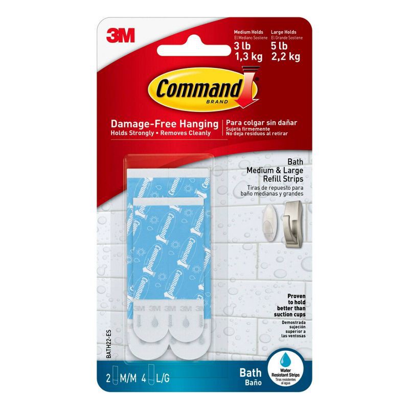 slide 3 of 12, Command Water Resistant Refill Strips (2 Medium/4 Large Strips): Plastic Adhesive for Bathroom & Shower Use, 3.625" Length, 1 ct