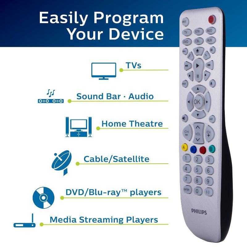 slide 8 of 10, Philips 6 Device Elite Backlit Remote Control - Brushed Silver: Home Theater Accessory, 1 ct