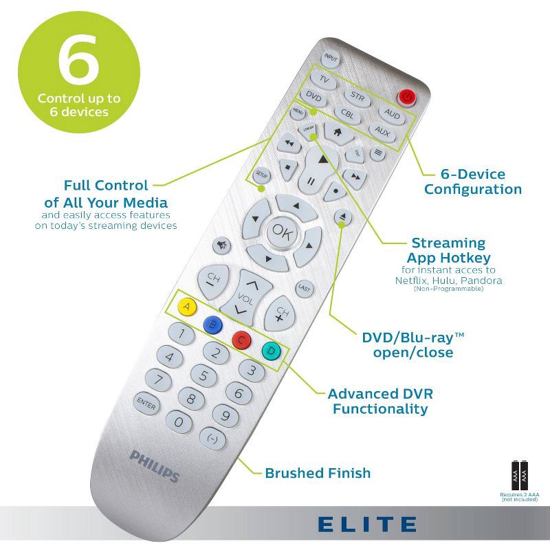 slide 5 of 10, Philips 6 Device Elite Backlit Remote Control - Brushed Silver: Home Theater Accessory, 1 ct
