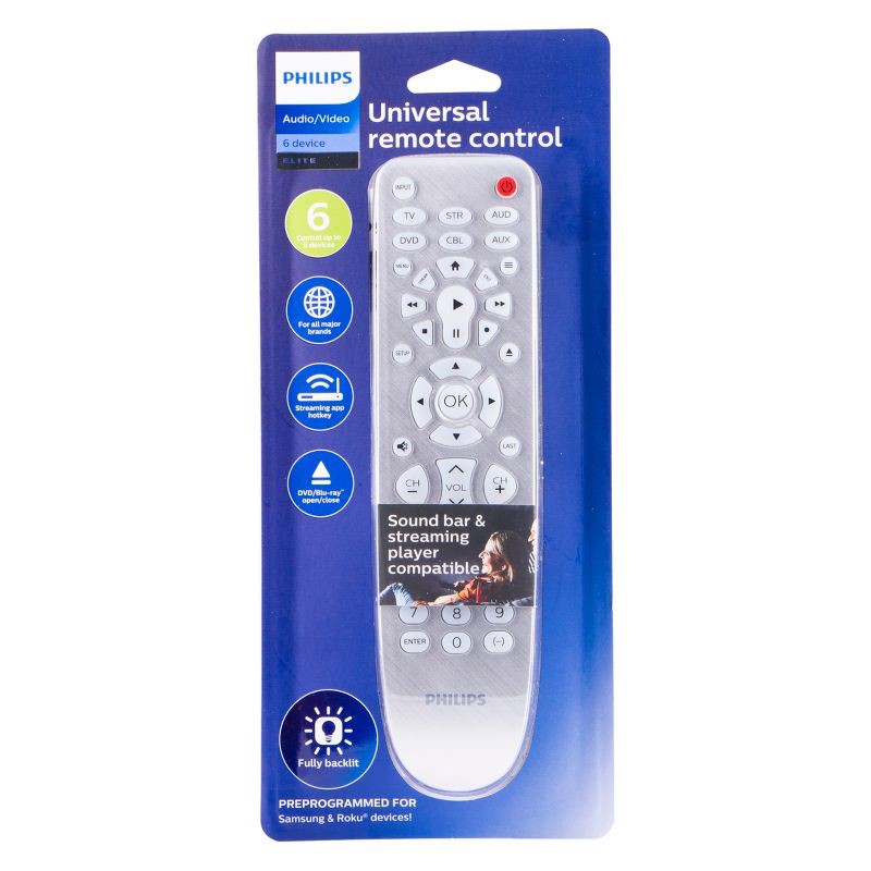 slide 10 of 10, Philips 6 Device Elite Backlit Remote Control - Brushed Silver: Home Theater Accessory, 1 ct
