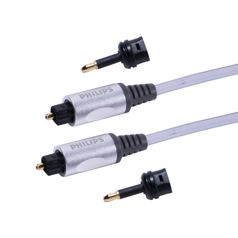 slide 2 of 6, Philips 6' Elite Toslink Digital Fiber Optic Cable with 2 Mini Adapters - Gray: Male-to-Male AV Connection, 1 ct