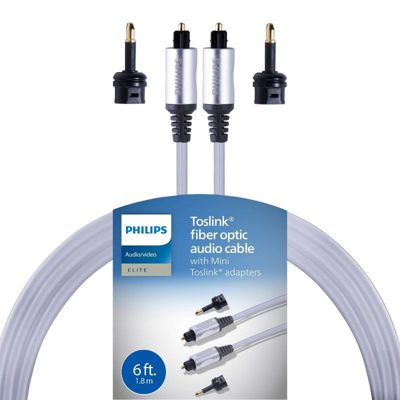 slide 1 of 6, Philips 6' Elite Toslink Digital Fiber Optic Cable with 2 Mini Adapters - Gray: Male-to-Male AV Connection, 1 ct