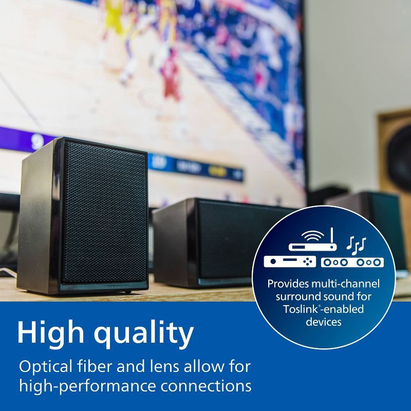 slide 3 of 6, Philips 6' Elite Toslink Digital Fiber Optic Cable with 2 Mini Adapters - Gray: Male-to-Male AV Connection, 1 ct