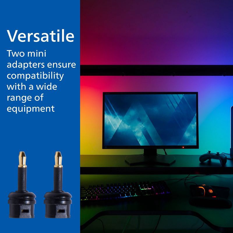 slide 4 of 6, Philips 6' Elite Toslink Digital Fiber Optic Cable with 2 Mini Adapters - Gray: Male-to-Male AV Connection, 1 ct