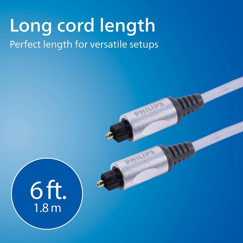 slide 6 of 6, Philips 6' Elite Toslink Digital Fiber Optic Cable with 2 Mini Adapters - Gray: Male-to-Male AV Connection, 1 ct