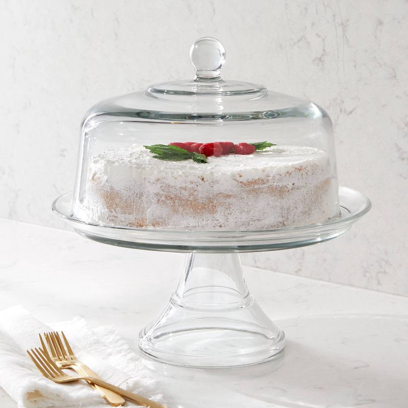 slide 2 of 3, Classic 2pc Glass Cake Stand with Dome - Threshold™: Traditional Round Cupcake Display, Clear Glass, Hand Wash, 13.6" Height, 2 ct