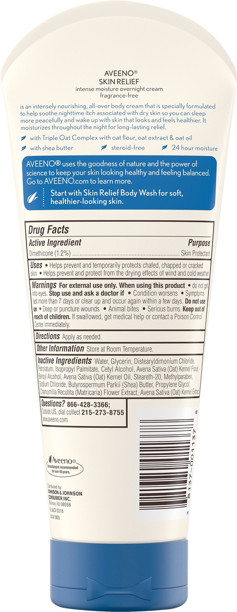 slide 2 of 5, Aveeno Skin Relief Overnight Intense Moisture Cream with Triple Oat Complex & Natural Shea Butter, Therapeutic Dimethicone Skin Protectant for Dry Itchy Skin Relief, Fragrance- & Steroid-Free, 7.3 oz, 7.3 oz