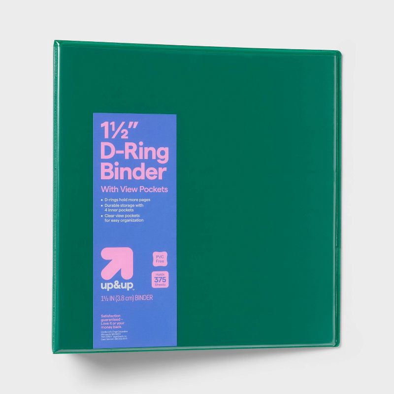 slide 1 of 3, 1.5" 3 Ring Binder Clear View Green - up&up™: D Rings, 375 Sheet Capacity, 4 Internal Pockets, Cardboard & Polypropylene, 375 sheets