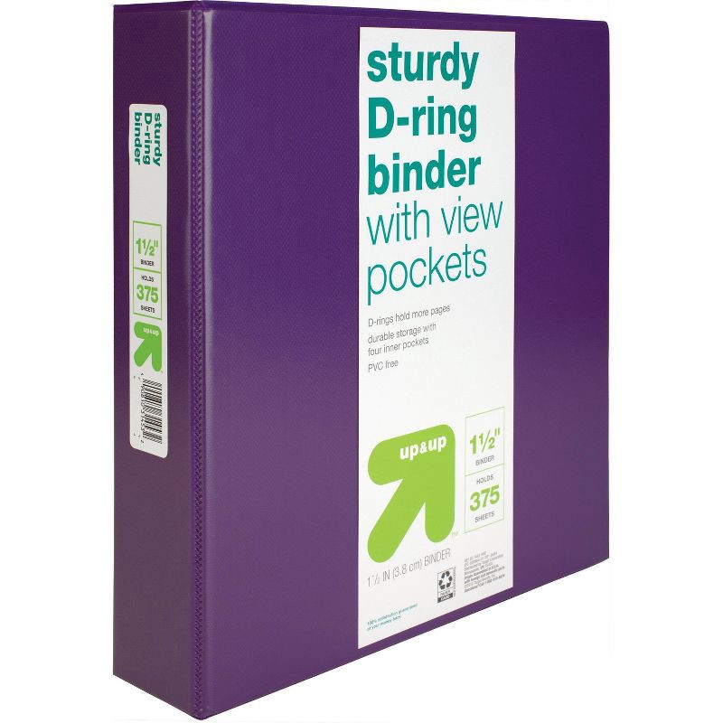 slide 2 of 5, 1.5" 3 Ring Binder Clear View Purple - up&up™: D Rings, 375 Sheet Capacity, 4 Internal Pockets, Cardboard & Polypropylene, 375 sheets