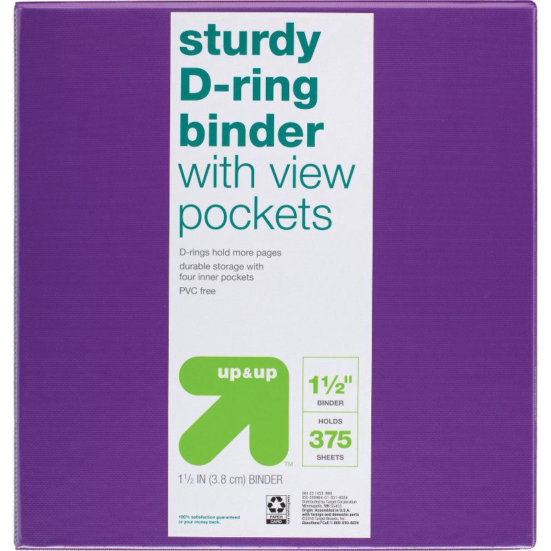 slide 1 of 5, 1.5" 3 Ring Binder Clear View Purple - up&up™: D Rings, 375 Sheet Capacity, 4 Internal Pockets, Cardboard & Polypropylene, 375 sheets