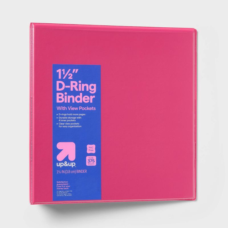 slide 1 of 3, 1.5" 3 Ring Binder Clear View Pink - up&up™: D Rings, 375 Sheet Capacity, 4 Internal Pockets, Cardboard & Metal, 375 sheets