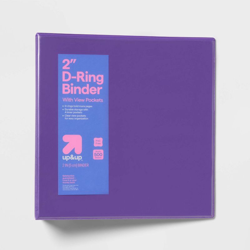 slide 1 of 5, 2" 3 Ring Binder Clear View Purple - up&up™: D Rings, 500 Sheet Capacity, Internal Pockets, Cardboard & Polypropylene, 1 ct