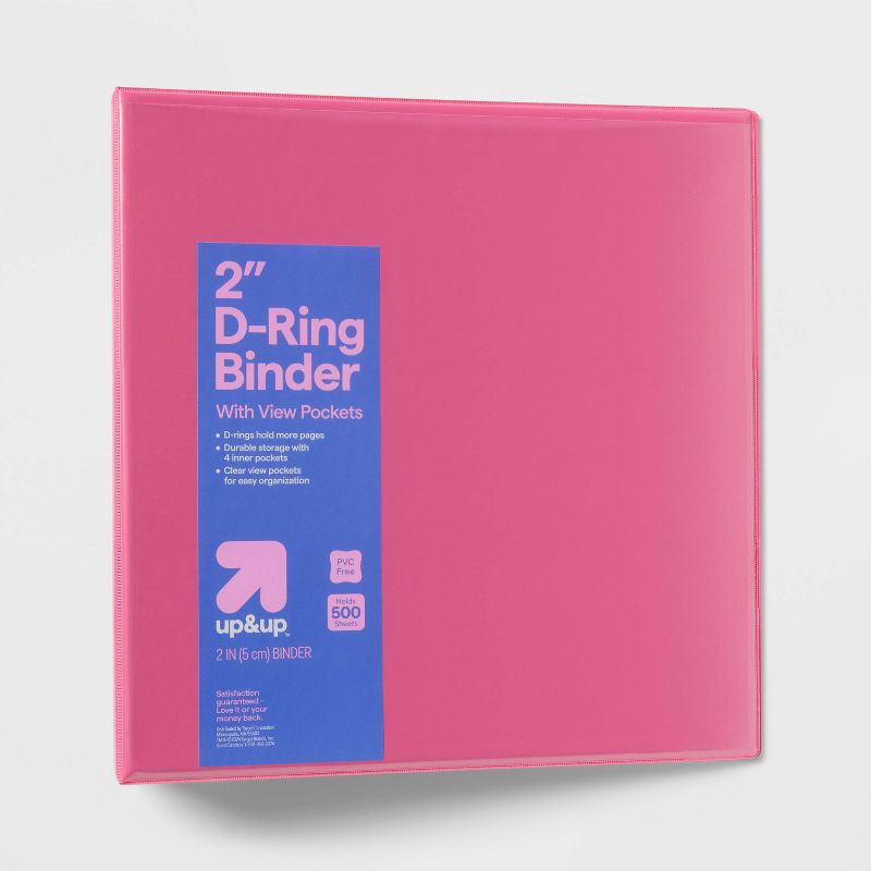 slide 1 of 3, 2" 3 Ring Binder Clear View Pink - up&up™: 500 Sheet Capacity, D Rings, Internal Pockets, Cardboard & Polypropylene, 1 ct