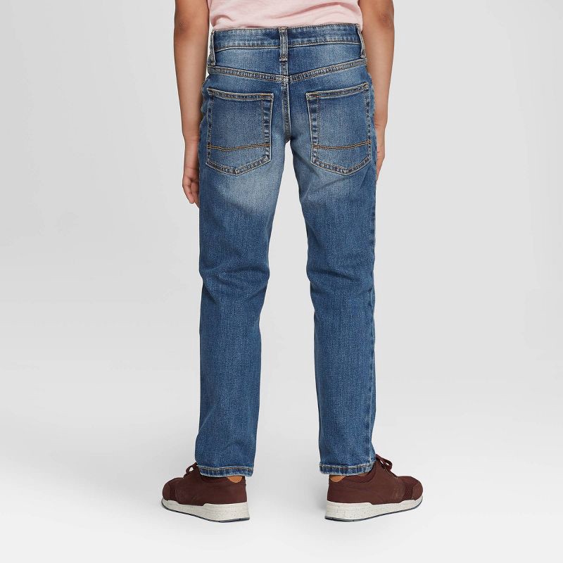 slide 2 of 3, Boys' Stretch Straight Fit Jeans - Cat & Jack™ Medium Blue 5: Denim, Adjustable Waistband, Mid Rise, 1 ct