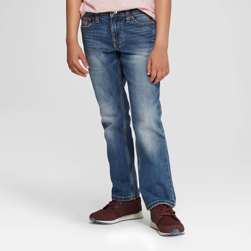 slide 1 of 3, Boys' Stretch Straight Fit Jeans - Cat & Jack™ Medium Blue 7: Adjustable Waistband, Mid Rise Denim, 1 ct