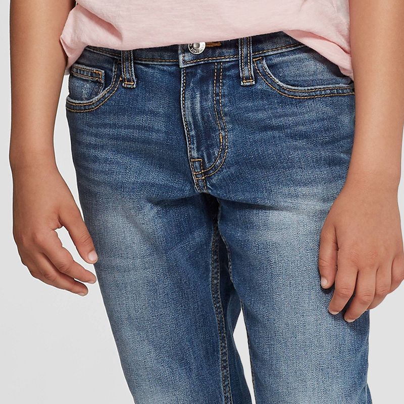 slide 3 of 3, Boys' Stretch Straight Fit Jeans - Cat & Jack™ Medium Blue 7: Adjustable Waistband, Mid Rise Denim, 1 ct