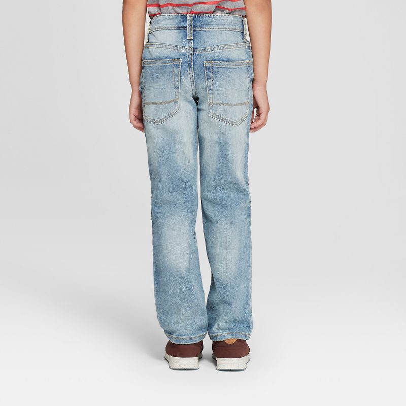 slide 2 of 3, Boys' Stretch Straight Fit Jeans - Cat & Jack™ Light Blue 8: Mid Rise, Adjustable Waistband, Denim, 1 ct