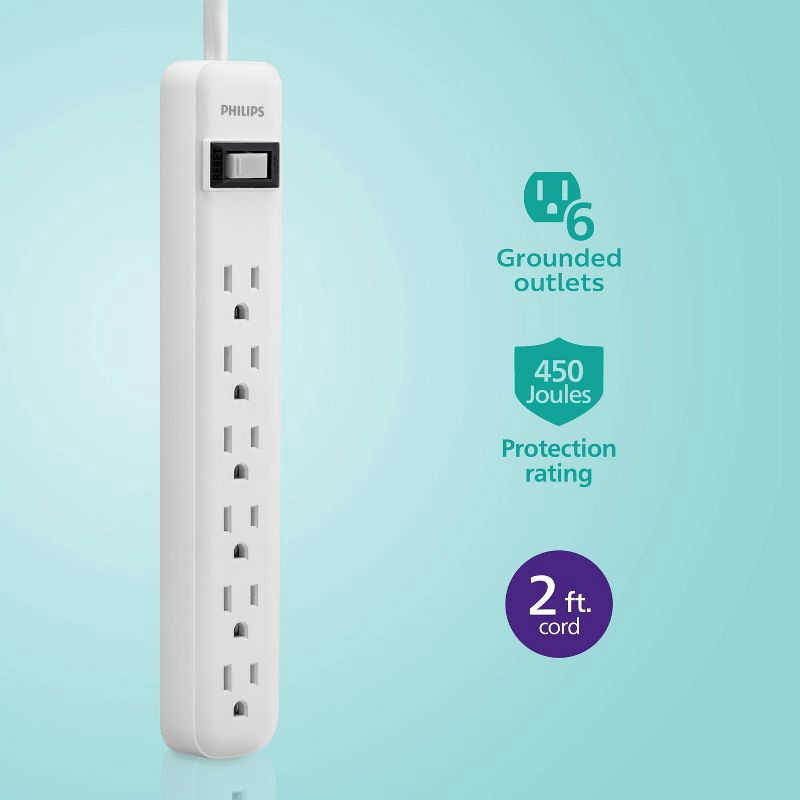 slide 2 of 10, Philips 6-Outlet Surge Protector with 2ft Extension Cord, White, 2 ft