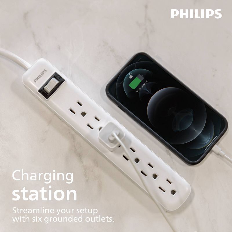 slide 3 of 10, Philips 6-Outlet Surge Protector with 2ft Extension Cord, White, 2 ft