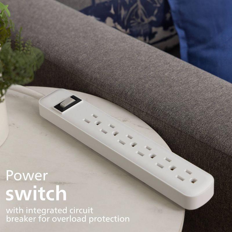 slide 5 of 10, Philips 6-Outlet Surge Protector with 2ft Extension Cord, White, 2 ft