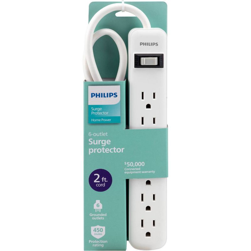 slide 8 of 10, Philips 6-Outlet Surge Protector with 2ft Extension Cord, White, 2 ft