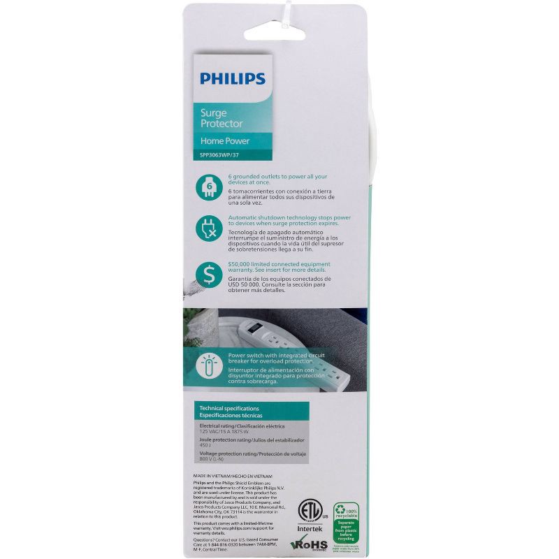 slide 9 of 10, Philips 6-Outlet Surge Protector with 2ft Extension Cord, White, 2 ft