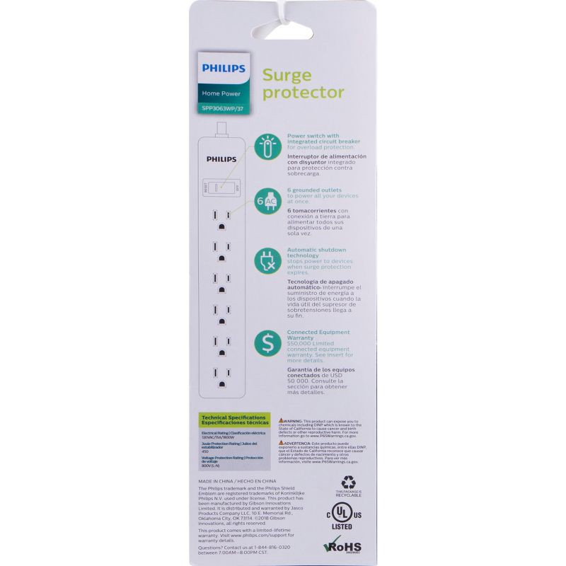 slide 10 of 10, Philips 6-Outlet Surge Protector with 2ft Extension Cord, White, 2 ft