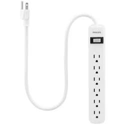 Philips 6-Outlet Surge Protector with 2ft Extension Cord, White: 450 Joules Rating