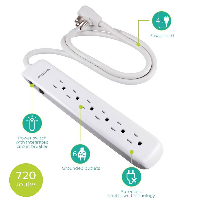 slide 6 of 8, Philips 6-Outlet Surge Protector with 4ft Extension Cord, White, 4 ft
