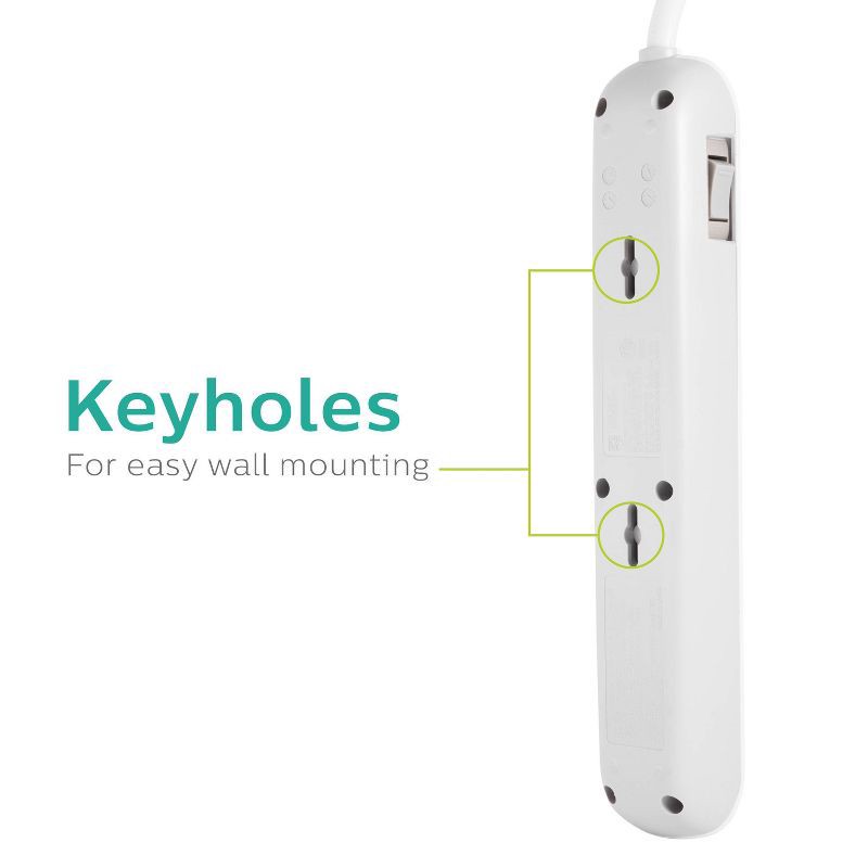 slide 3 of 8, Philips 6-Outlet Surge Protector with 4ft Extension Cord, White, 4 ft