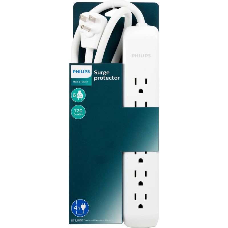 slide 4 of 8, Philips 6-Outlet Surge Protector with 4ft Extension Cord, White, 4 ft