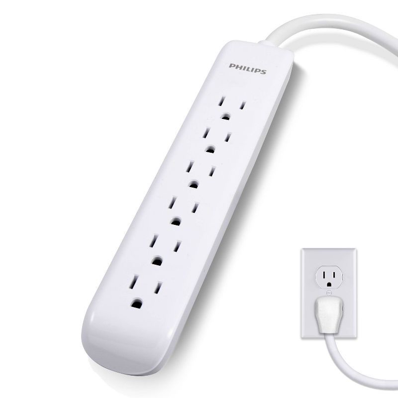 slide 1 of 8, Philips 6-Outlet Surge Protector with 4ft Extension Cord, White, 4 ft