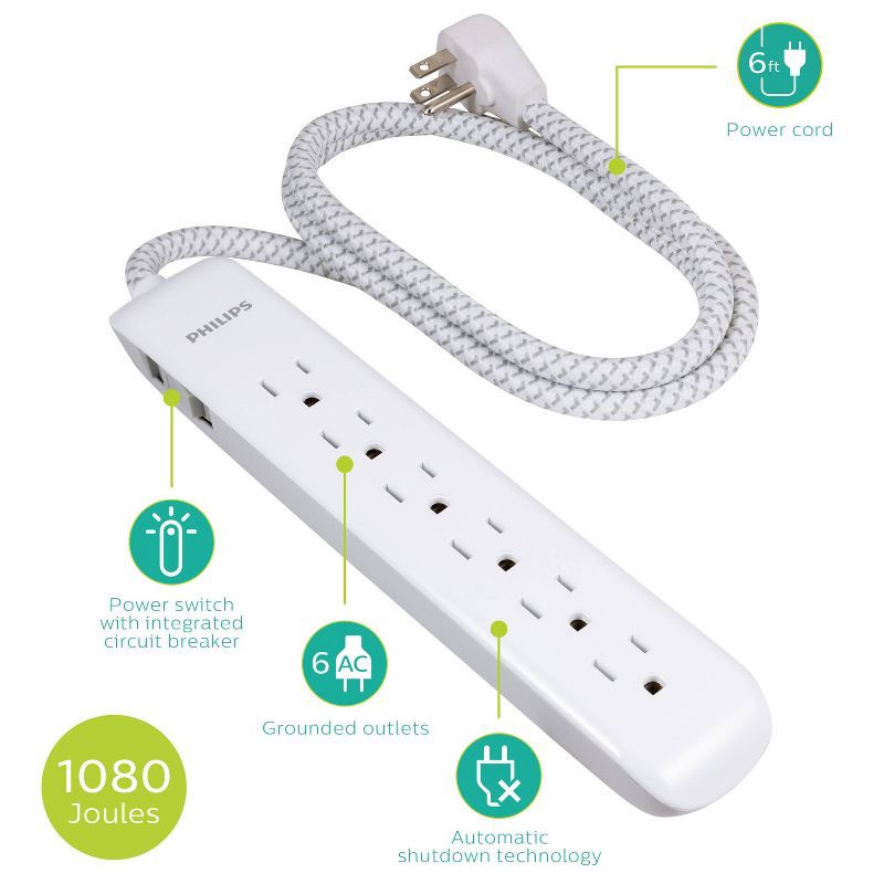 slide 2 of 8, Philips 6-Outlet Surge Protector with 6ft Extension Cord, White, 6 ft