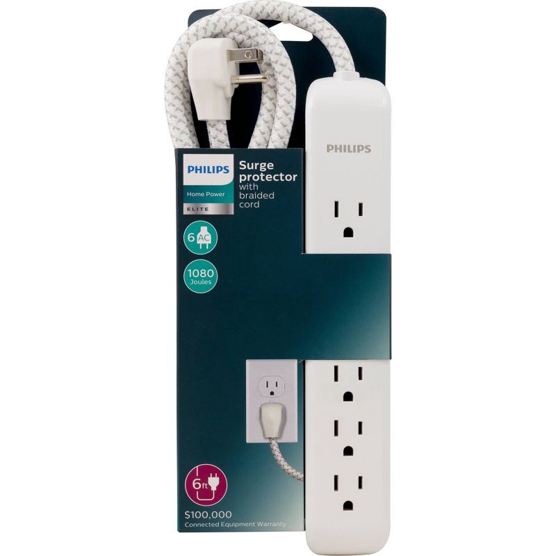 slide 6 of 8, Philips 6-Outlet Surge Protector with 6ft Extension Cord, White, 6 ft