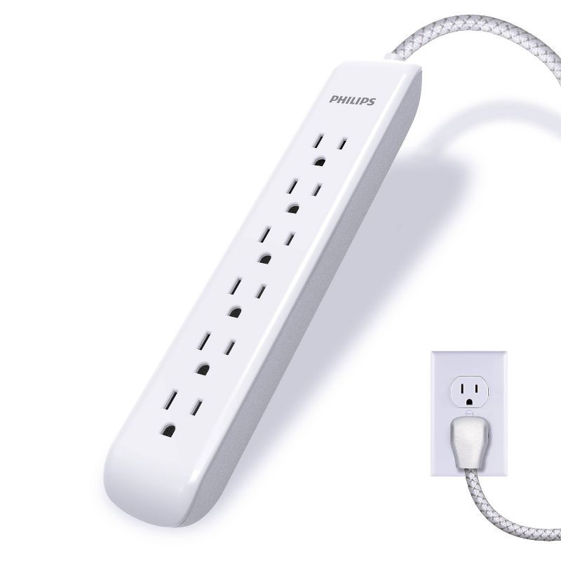 slide 1 of 8, Philips 6-Outlet Surge Protector with 6ft Extension Cord, White, 6 ft