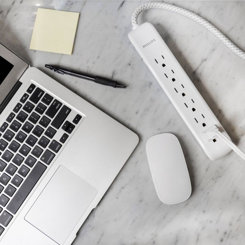 slide 5 of 8, Philips 6-Outlet Surge Protector with 6ft Extension Cord, White, 6 ft